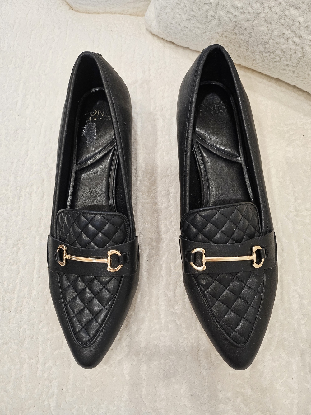 Jones New York Black Quilted Pointed Loafers with Gold Bit